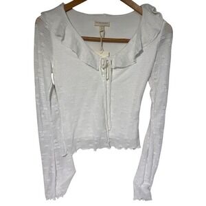 See You Monday White Ruffle Long Sleeve Blouse Tie Front Scalloped Medium